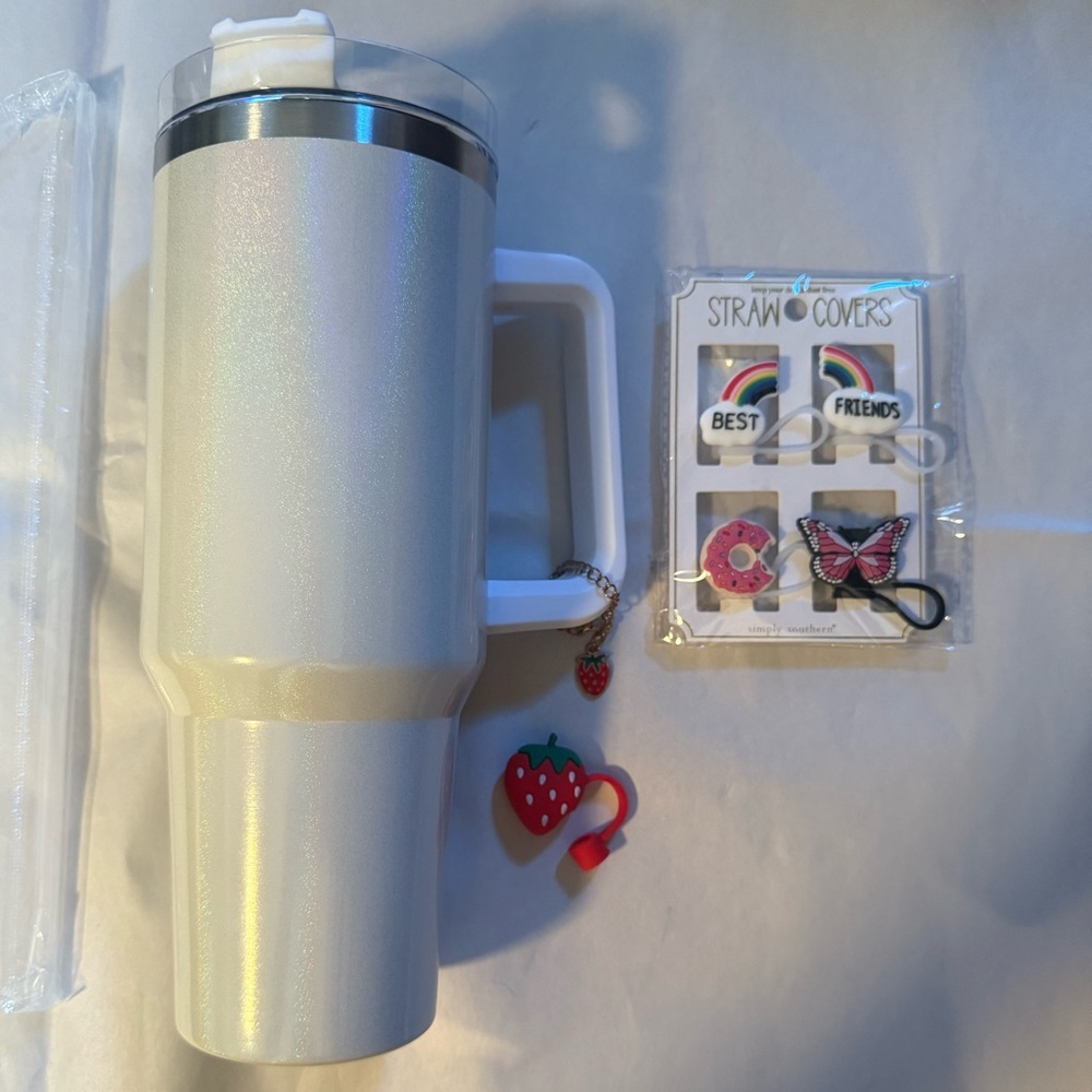 New 40oz Tumbler with Handle and Accessories (Pearlized White) Straw and Covers